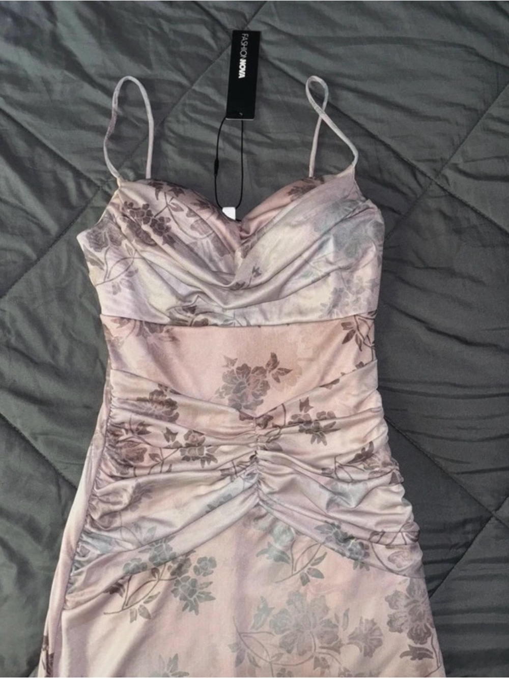 Fashion Nova Blush Floral Ruched Spaghetti-Strap Dress